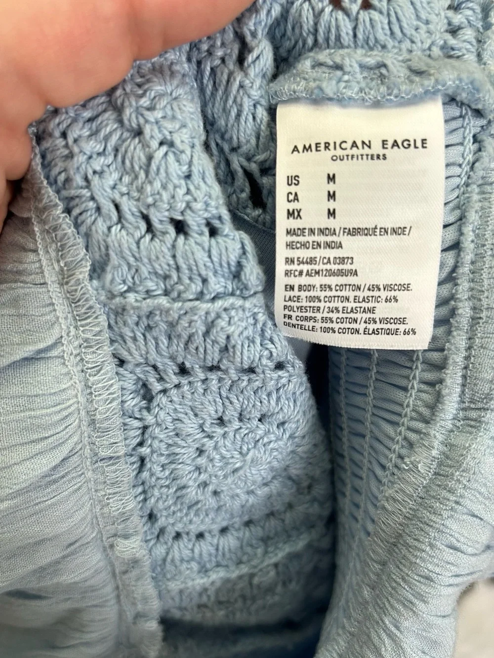 American Eagle size Medium Light Blue Cottagecore Crochet Peasant Boho Blouse